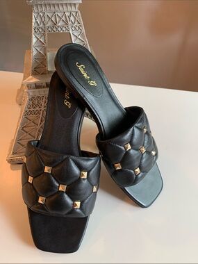 Saint G Black Quilted Slide Mules with Gold Studs